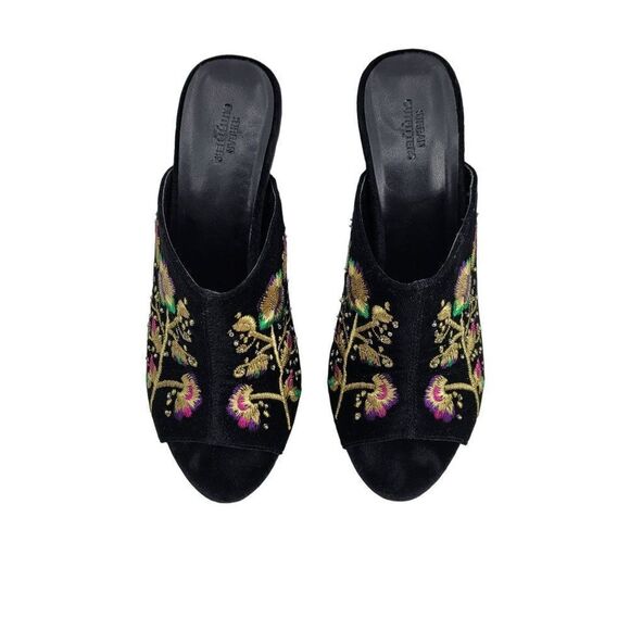 Urban Outfitters Formal Velvet Mules 8 Black Zoe Gold Floral Embroidered 4" Heel - Picture 6 of 13